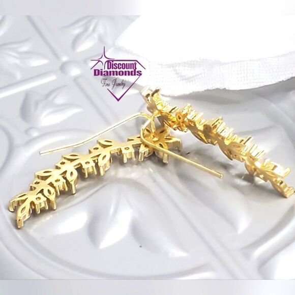 Clear White Diamonds 18K Yellow Gold Ear Climber Earrings  on 925 Silver - Picture 7 of 10